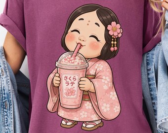 Sakura Latte Kimono Girl T-Shirt for Japanese Food Lover Tee for Cherry Blossom Fan Gift for Japan Traveler Tshirt for Kawaii Japan Travel