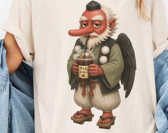 Tengu Coffee T-Shirt for Japanese Mythology Lover Tee for Iced Coffee Fan Gift for Japan Traveler Shirt for Yokai Lover Tee