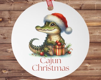 Cajun Christmas Alligator Xmas Ornament Double-Sided Metal Ornament with Santa Hat Gator Louisiana Holiday Decor Xmas Ornament 3 1/2"