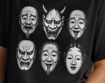 Japanese Noh Mask Unisex  Shirt, Traditional Japanese Theater T-Shirt Oni Hannya Mask Graphic Tee Dark Academia Japanese Art Shirt, Goth Tee
