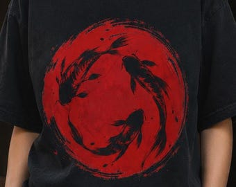 Japanese Koi Fish Unisex T-Shirt with Zen Enso Circle Shirt Japanese Streetwear Tee Samurai Aesthetic Graphic Tee with Japan Flag Red Circle