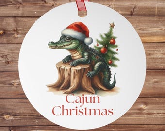 Cajun Christmas Alligator Xmas Ornament Double-Sided Metal Ornament with Santa Hat Gator Louisiana Holiday Decor Xmas Ornament 3 1/2"