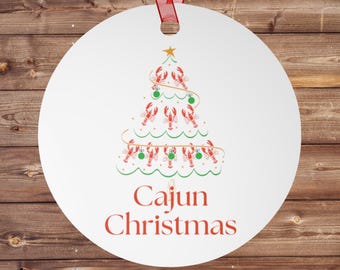 Cajun Christmas Ornament Round Metal Holiday Decor with Crawfish Christmas Tree 3 1/2" Ornament