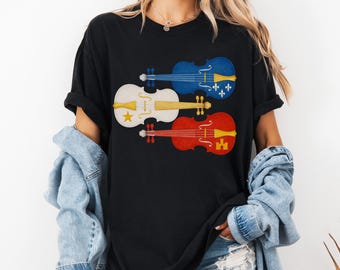 Camiseta personalizada de violín con música cajún y diseño de violín con la bandera de Acadiana, camiseta de herencia cajún de Luisiana