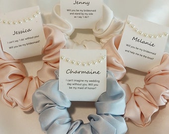 Pure Silk Scrunchies with personalized tags, Handmade, Hair ties, Bridesmaid proposal, Personalized gift