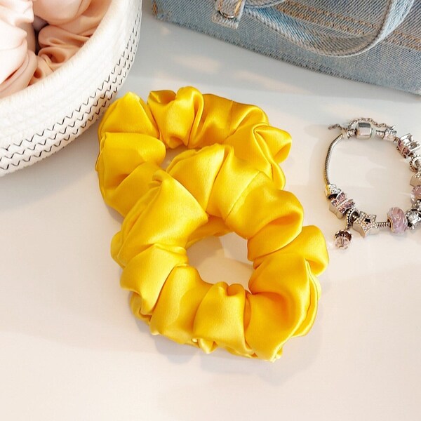 Classic Pure Silk Scrunchie - Sunshine Yellow, Handmade, Hair ties, Soft, Elegant, Gift, Bridesmaid