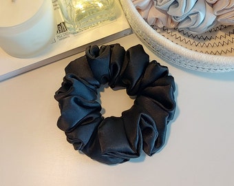 Black Deluxe Pure Silk Scrunchie, Handmade, Hair ties, Soft, Elegant, Gift, Bridesmaid