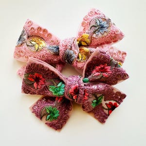 EMBROIDERED BOW - Purple - Pink - Large Hair Bow - Hair Clip - Headband - Non-Slip Grip
