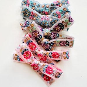 EMBROIDERED PIGTAIL SET - Pink - Blue - Purple - Medium Hair Bow - Hair Clip - Headband - Non-Slip Grip