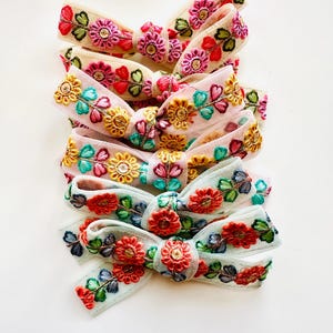 EMBROIDERED PIGTAIL SET - Pink - Yellow - Orange - Medium Hair Bow - Hair Clip - Headband - Non-Slip Grip