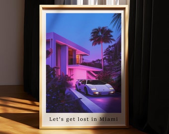 Miami Retro 80s Sports Car Print, Vaporwave Beach House Wall Art