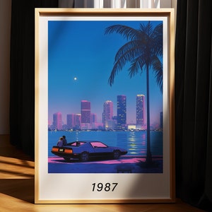 Paar Miami Poster, City Pop Poster Druck, Miami Night, Steamwave Poster, gerahmt, Retro japanische Ästhetik, Pop Art, moderne Landschaftskunst