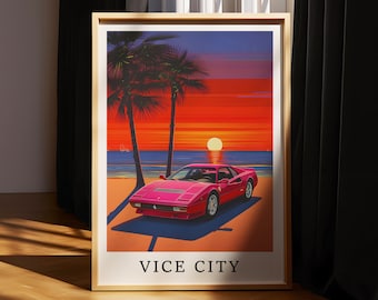 Miami Beach Retro 80s Sports Car Sunset Print, Vaporwave Wall Art