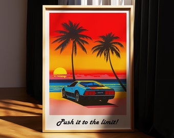 Miami Beach Retro 80s Car Sunset Palm Tree Print, Vaporwave Coastal Wall Art