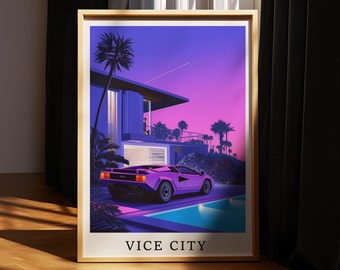 Retro Miami Sports Car Print, 80s Neon Villa Wall Art, Vaporwave Palm Tree Decor