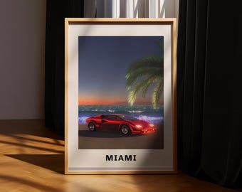 Miami Poster Print, Retro Countach Wall Art, Vaporwave Sunset Decor, 80s Supercar Beach Art
