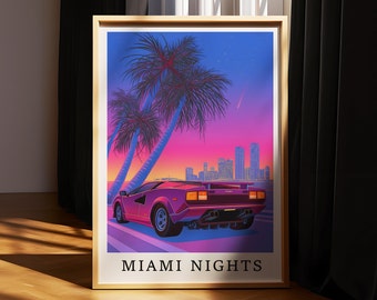 Cartel de coches antiguos, cartel retro de Miami, noches de Miami, estética retro japonesa, arte pop de la ciudad de los años 80 y 90, Synthwave, Vaporwave, ciudad de Miami