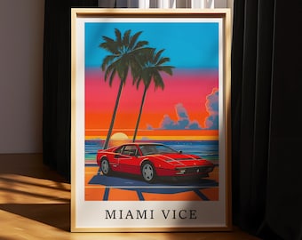 Miami Vice Retro 80s Sports Car Sunset Palm Tree Print, Coastal Vaporwave Art