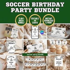 Peut inclure: Un ensemble de fête d'anniversaire sur le thème du football, comprenant divers articles imprimables. Comprend des invitations, des cartes de remerciement, des étiquettes alimentaires, des décorations de cupcakes et une bannière. Modifiable dans Canva et téléchargeable instantanément.