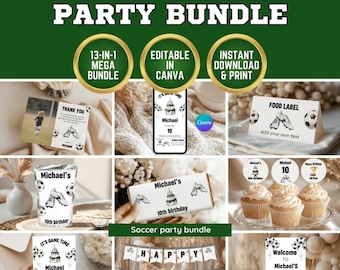 Soccer Birthday Party Bundle, Football Theme Decor, Editable Canva Template, Boy Sports Party, 13-in-1 Mega Invite Suite, Instant Download