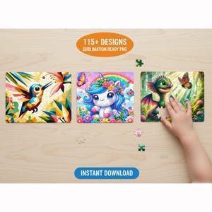May include: Three colorful jigsaw puzzles featuring a hummingbird, a unicorn, and a dragon. The hummingbird puzzle has a geometric design. The unicorn puzzle has a rainbow background. The dragon puzzle has a hand placing a piece. Text reads "115+ DESIGNS" and "INSTANT DOWNLOAD".