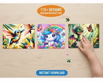 115+ Baby Puzzle Sublimation Bundle | Cute Animals PNG for Jigsaw | Unicorn, Dragon, Red Riding Hood | Heat Press Transfer Design