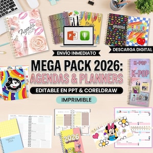 Puede incluir: Una colección de agendas y planificadores 2026 coloridos. La imagen presenta varios diseños, incluyendo florales, personajes de dibujos animados y temas K-Pop. El texto incluye "Mega Pack 2026: Agendas & Planners" y "Editable en PPT & CorelDraw."