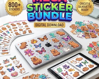 Mega Sticker Bundle, 800+ Planner Stickers, Kawaii Animals, Butterflies, Capybara and School Supplies, Cricut PNG, Commercial Use Digital