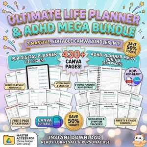 Ultimate Life Planner and ADHD Mega Bundle | 430+ Canva Editable Pages, Hyperlinked Digital Planner, PLR Resell Rights | Commercial Use
