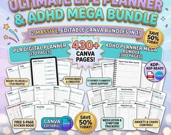 Ultimate Life Planner and ADHD Mega Bundle | 430+ Canva Editable Pages, Hyperlinked Digital Planner, PLR Resell Rights | Commercial Use