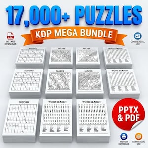 Puede incluir: Una colección digital de más de 17,000 rompecabezas en un KDP Mega Bundle, con pilas de páginas impresas de Sudoku, laberintos y sopas de letras. El conjunto incluye formatos PDF y PPTX, con iconos de descarga instantánea y uso comercial.