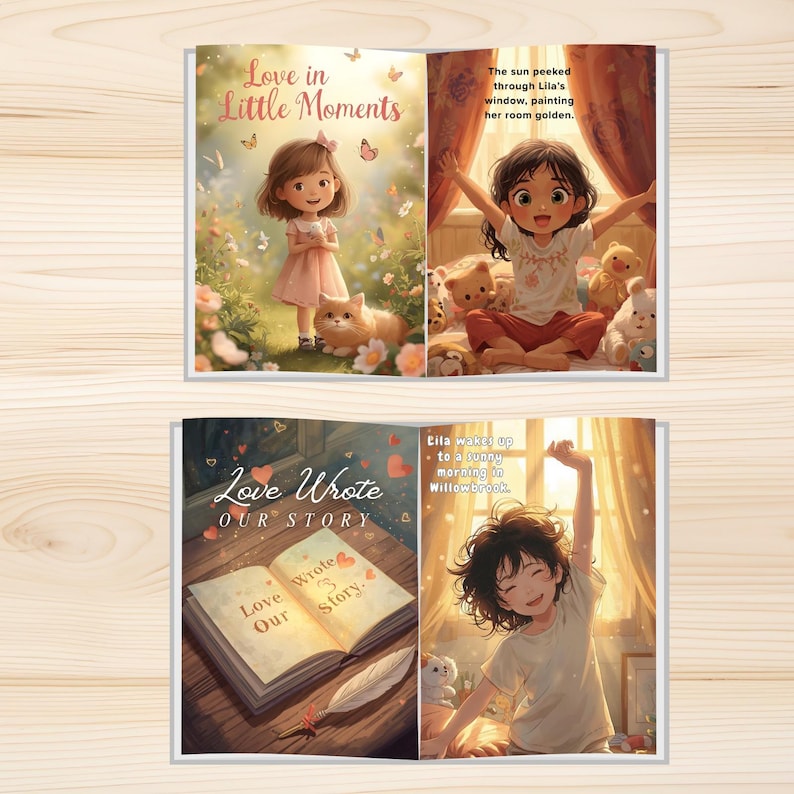May include: Two-page spread from a children's book. The left page reads "Love in Little Moments" with an illustration of a girl and a cat. The right page shows a girl with arms raised. The bottom spread reads "Love Wrote Our Story".
