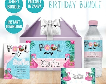 Pool Party Birthday Bundle, Summer Swim Invite Suite, Canva Template, Editable Text, 4-in-1 Favor Kit, Water Bottle & Gable Box Labels