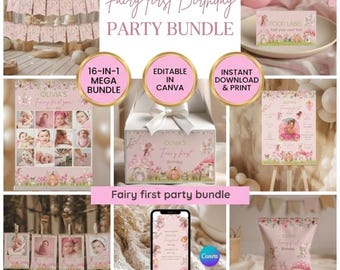 Fairy First Birthday Party Bundle, Enchanted Garden Theme, Editable Canva Template, 1st Birthday Girl Decor, 16-in-1 Mega Invite Suite