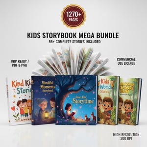 Puede incluir: Un conjunto de libros de cuentos para niños con ilustraciones coloridas. Los títulos incluyen "Kind Kids Stories", "Mindful Moments Storybook" y "Smart Kids Storytime". La imagen muestra el texto "KIDS STORYBOOK MEGA BUNDLE" y "1270+ PAGES".