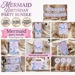 May include: A collection of mermaid-themed birthday party supplies. The image includes a banner that says "Happy Birthday", invitations, cupcake toppers, and favor boxes. The text "Mermaid Birthday Party Bundle" is displayed in a decorative font.