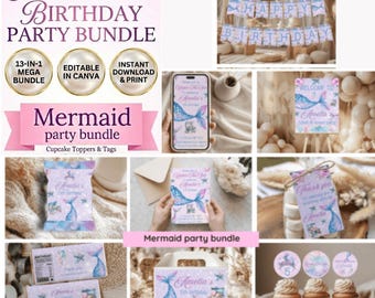 Mermaid Birthday Party Bundle, Under the Sea Theme, Editable Canva Template, Girl Birthday Invite Suite, 13-in-1 Kit, Instant Download