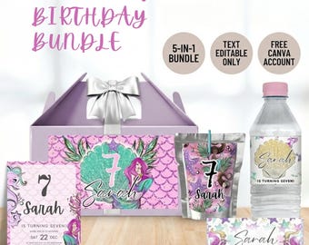Mermaid Birthday Party Bundle, Under the Sea Canva Template, 5-in-1 Favor Kit, Gable Box & Water Bottle Labels, Text Editable Invite