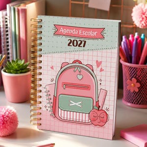 Puede incluir: Una agenda escolar 2027 de espiral con una cubierta de cuadrícula en verde claro y rosa. La portada presenta una ilustración de una mochila rosa, una pequeña manzana con gafas y el texto Agenda Escolar 2027 impreso en una cinta rosa.