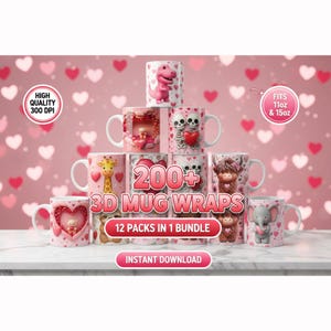 Puede incluir: Una colección de tazas rosas y blancas con varios diseños, incluyendo dinosaurios, esqueletos, jirafas y elefantes. Las tazas están decoradas con corazones y el texto "200+ 3D MUG WRAPS". La imagen también incluye el texto "12 PACKS IN 1 BUNDLE" y "INSTANT DOWNLOAD".