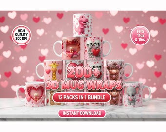 200+ 3D Valentine Mug Wrap Sublimation Bundle | 11oz & 15oz Puff Mug PNG | Highland Cow, Skeleton, Teddy Bear, Hearts | Commercial Use