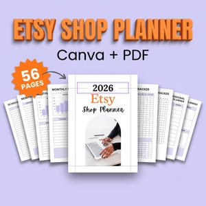 Puede incluir: Un planificador de tienda Etsy de 56 páginas para 2026, disponible en formatos Canva y PDF. El planificador incluye varias hojas de seguimiento, como horarios mensuales, rastreadores y planificadores estacionales, en disposición de abanico.