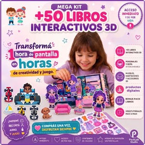 Peut inclure: Un kit numérique comprenant plus de 50 livres interactifs en 3D, incluant des poupées en papier à imprimer avec des tenues interchangeables, des meubles et des accessoires. Le set contient des fichiers numériques avec des personnages colorés, des voitures de course et un chiot.