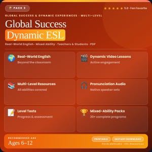Puede incluir: Gráfico naranja y marrón que promociona "Global Success Dynamic ESL" para edades de 6 a 12 años. La imagen destaca características como inglés del mundo real, lecciones de video dinámicas, recursos multinivel y audio de pronunciación.