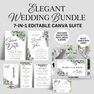 Puede incluir: Un elegante paquete de bodas con un conjunto Canva editable 7 en 1. El conjunto incluye invitaciones, tarjetas RSVP, menús y más. El diseño presenta acentos botánicos e incluye una etiqueta de caja gable de 15,24 x 8,89 cm. El texto incluye "Save the Date" y "Welcome to our Wedding".