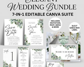 Elegant Wedding Invitation Bundle, Minimalist Bridal Suite, Canva Template, Save The Date & RSVP, Gable Box Label, 7-in-1 Decor Kit