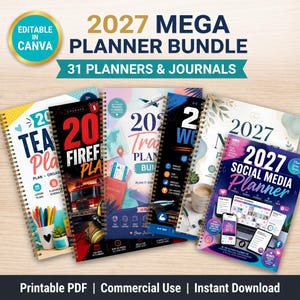 Puede incluir: Un paquete de 31 agendas y diarios con encuadernación en espiral para 2027. La colección incluye varias portadas con títulos como Teacher Planner, Firefighter Planner, Travel Planner y Social Media Planner, todos editables en Canva.
