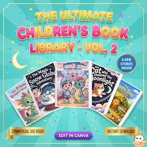 Puede incluir: Una colección de libros infantiles, "The Ultimate Children's Book Library - Vol. 2". Las portadas presentan ilustraciones coloridas de dragones, caballeros, gatos y árboles. El fondo es turquesa con estrellas y confeti. Texto: "¡6 nuevas historias dentro!"