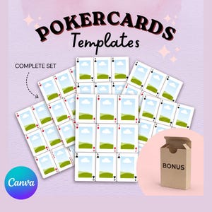 Könnte beinhalten: Ein Set von Pokerkarten-Vorlagen mit einer Landschaftsgrafik aus grünem Hügel und blauem Himmel auf jeder Karte. Der Text POKERCARDS Templates, COMPLETE SET und BONUS ist sichtbar. Eine kleine braune Schachtel ist als Bonus enthalten.