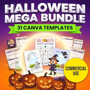 Puede incluir: Un paquete de Halloween con 31 plantillas de Canva que incluye páginas de planificador, un calendario de cuenta regresiva de 31 días y tarjetas ilustradas. El diseño muestra calabazas, una bruja y murciélagos con el texto Halloween Mega Bundle.